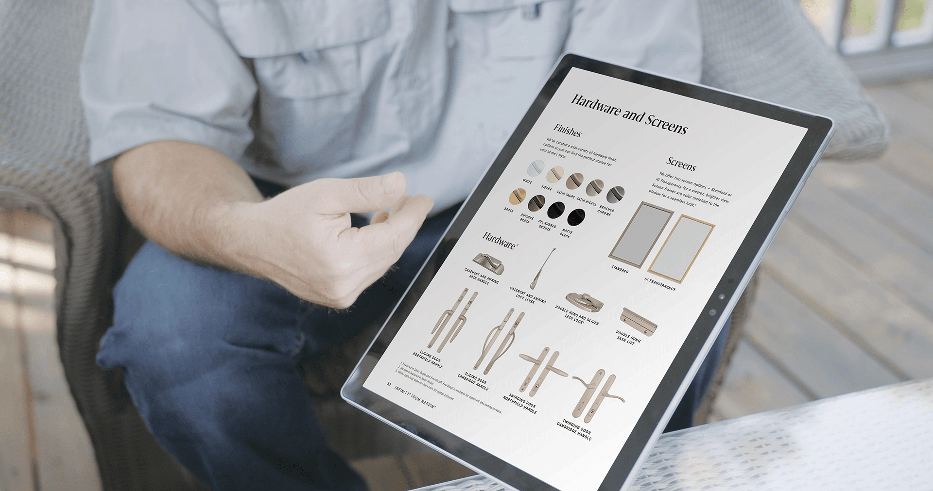 A tablet computer displays hardware and screen options for Infinity patio doors.