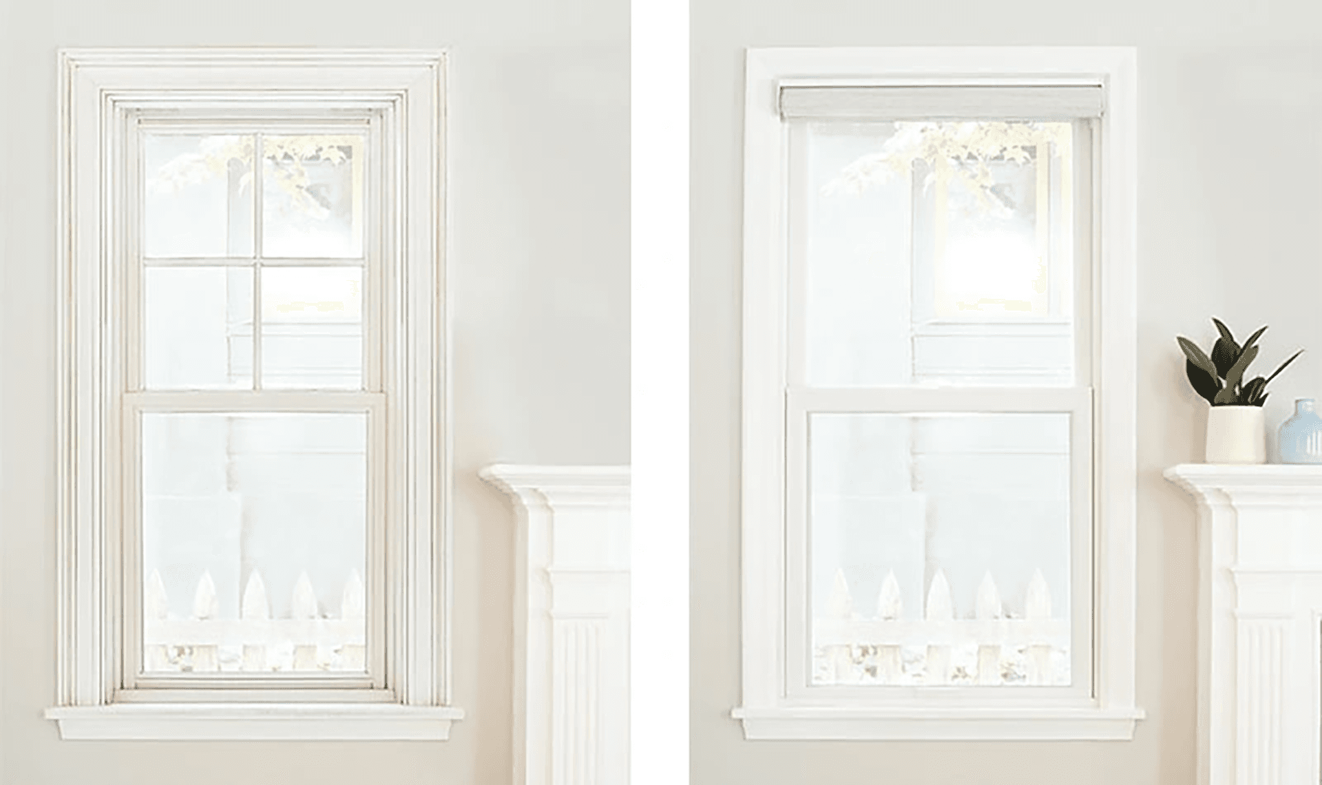 Side by side comparison of a vinyl window on the left next to a fiberglass window on the right.