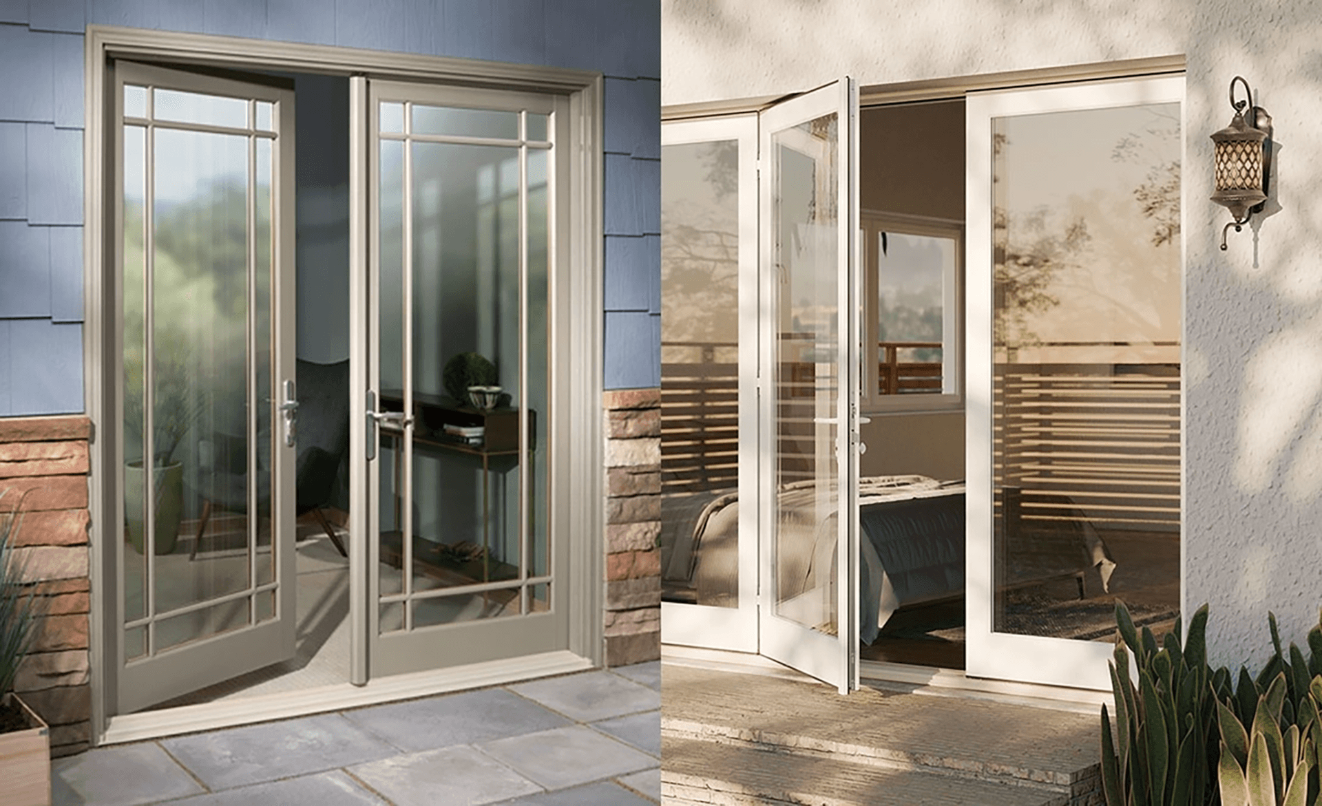 Side by side photos of an Inswing French door on the left and an outswing French door on the right.