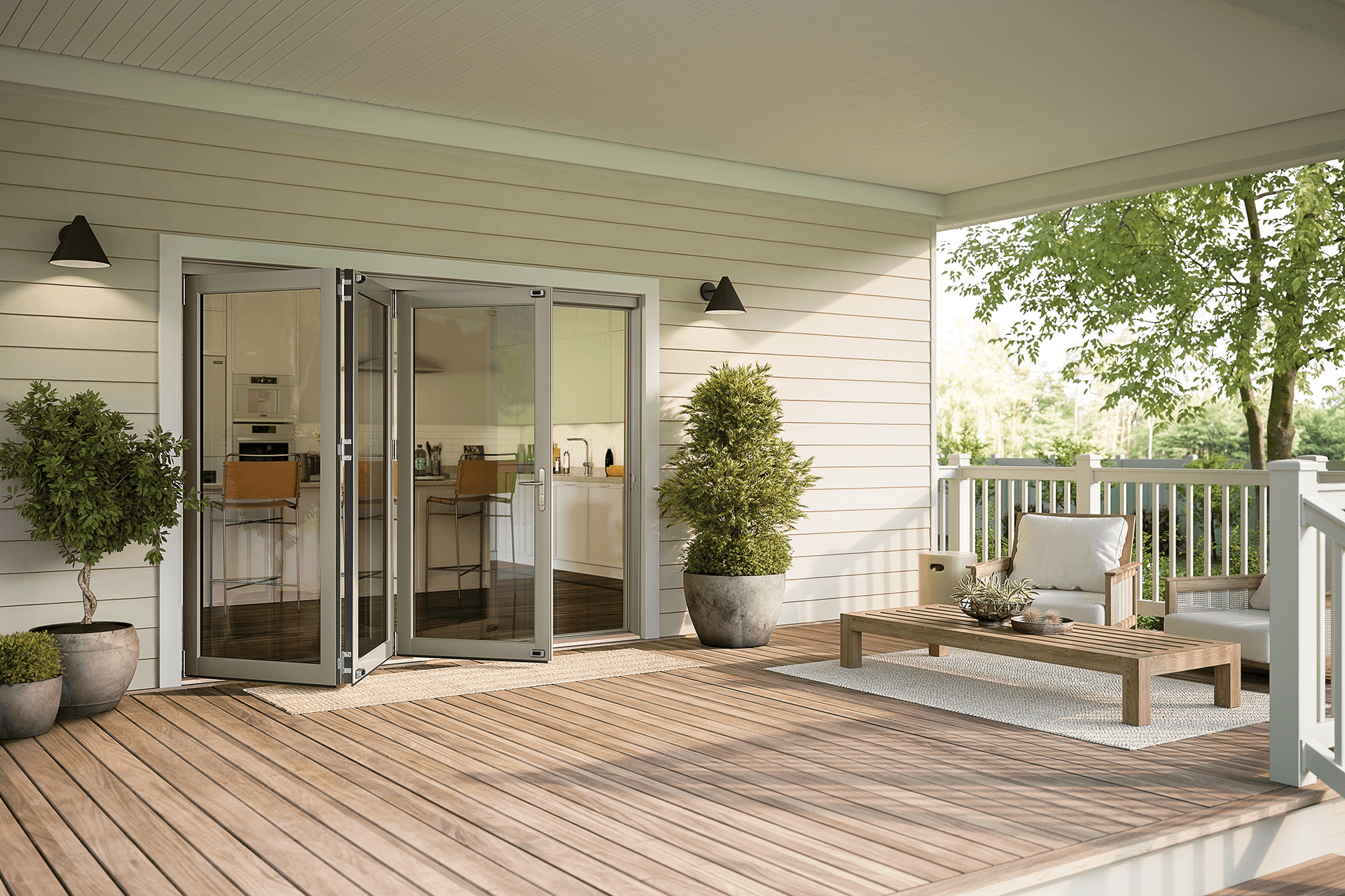 Exterior porch view of an opened four-panel bi-fold door.