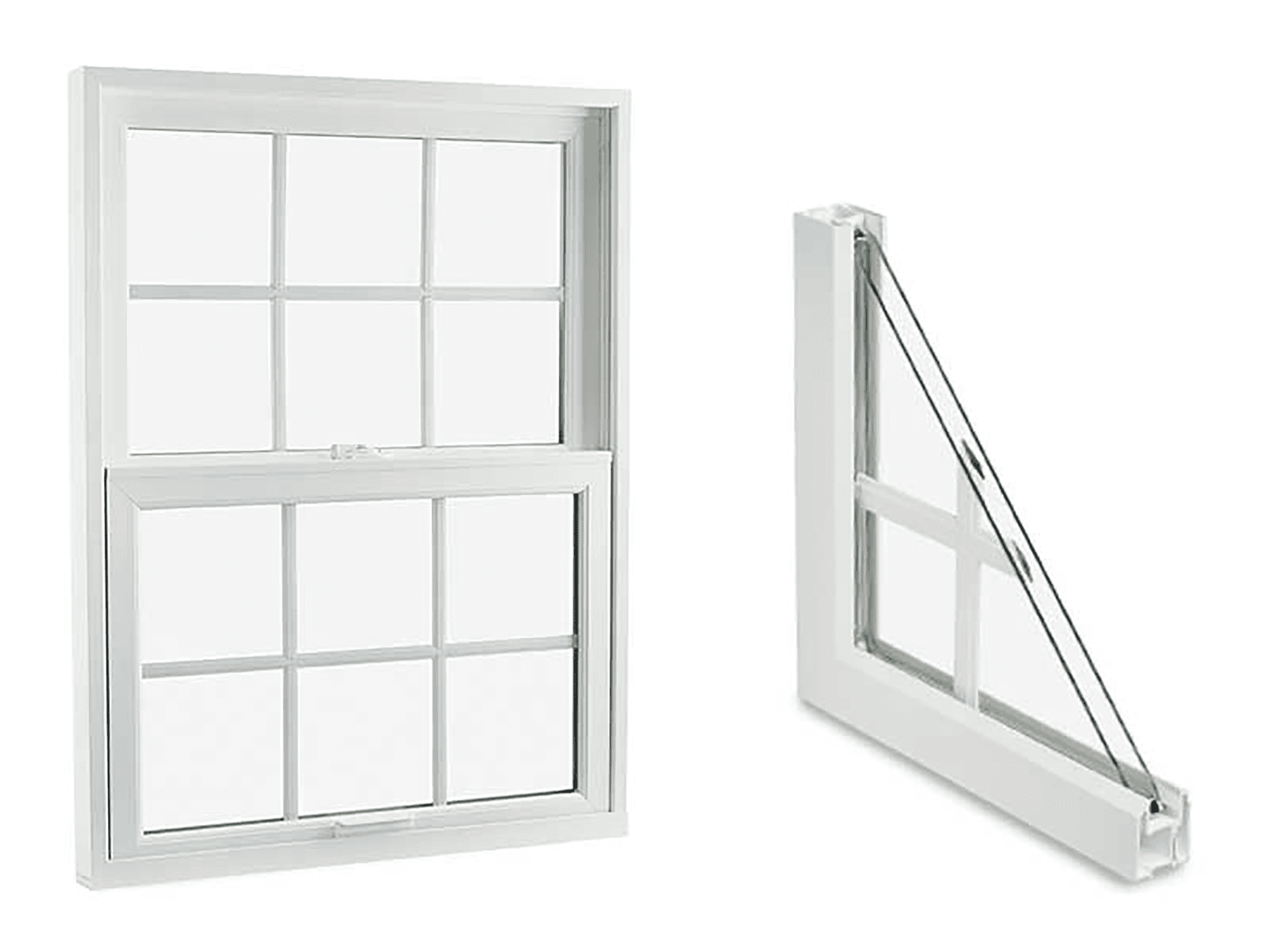 Infinity from Marvin Double Hung window with Grilles between the Glass and a cutaway sample