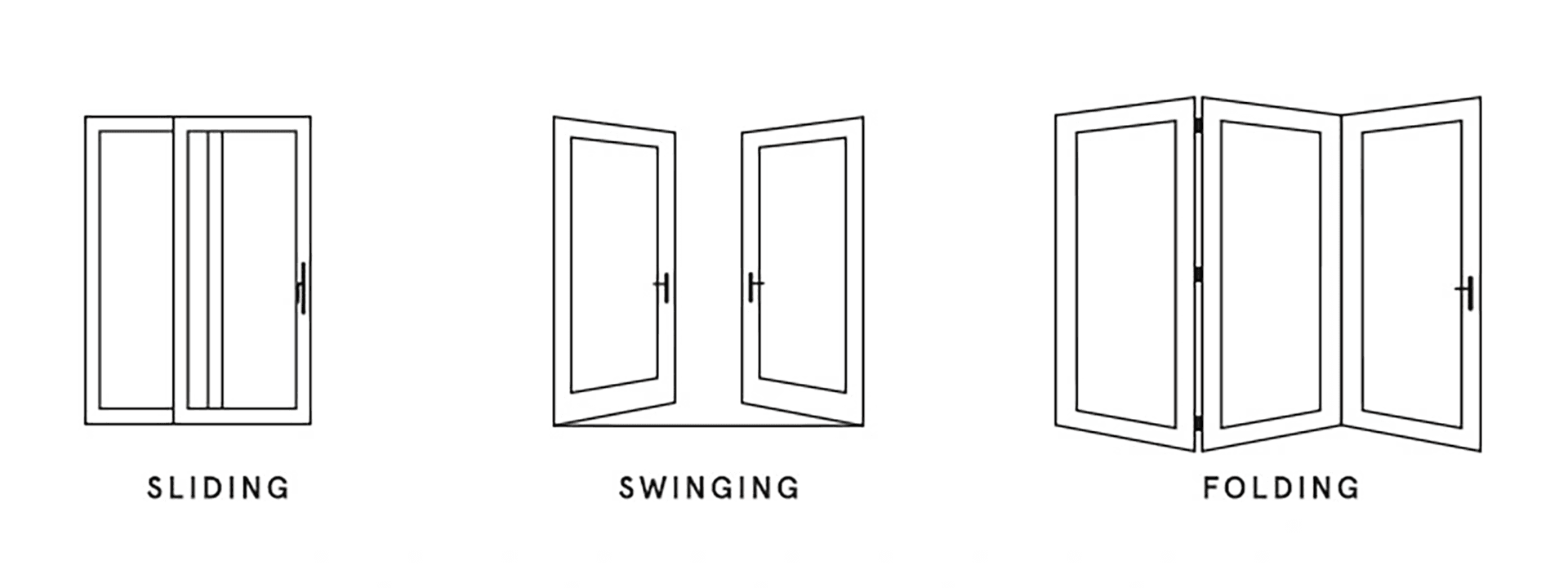 Line drawings of sliding, swinging, and folding patio doors.