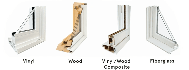 Lineup of different window materials, from left to right, vinyl, wood, vinyl/wood composite, and fiberglass.