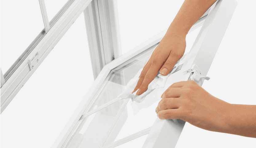 tilt in sash available on single hung, demonstrating cleaning